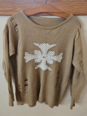 Distressed Beige and White Sweater
